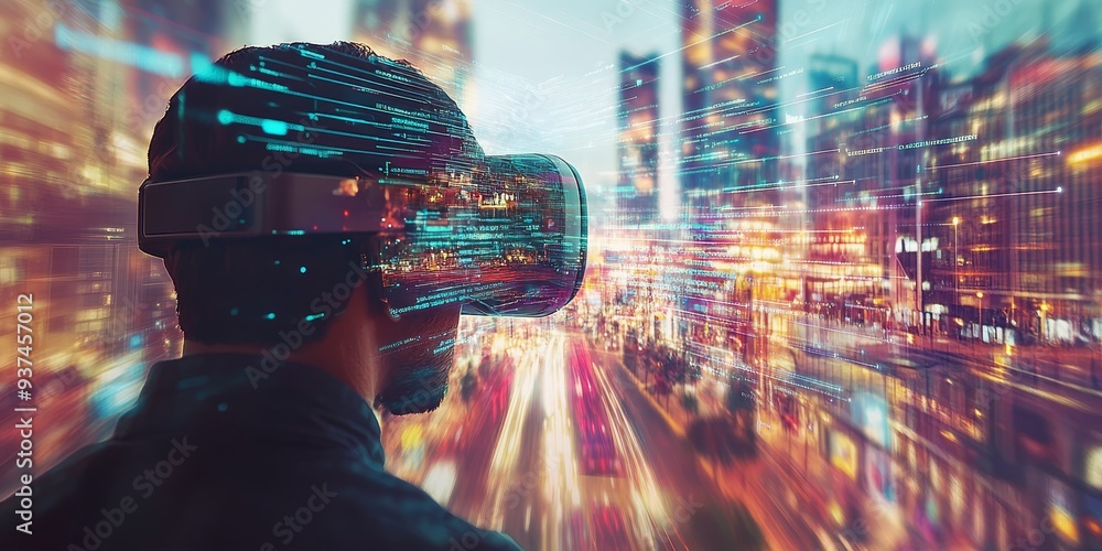 Poster macro shot of a vr guidebook interface, digital annotations overlaying a virtual landscape, user exp