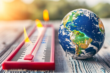 Global heat wave concept with thermometer and Earth. Generative AI image