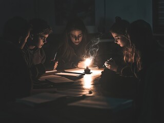 Group of Students Sharing Ghost Stories in Dimly Lit Classroom
