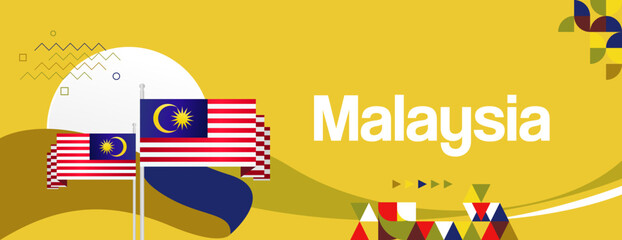 Malaysia Day Banner with modern geometric ornaments. Wide background design suitable for greetings celebrating Malaysia National Day and Independence Day.