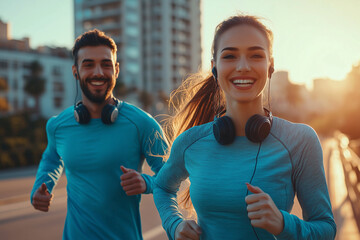 Young attractive couple running outside on sunny day