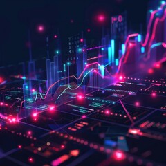 Obraz premium Abstract futuristic data visualization using neon graphs and diagrams on a dark background. The concept of analytics and technologies.