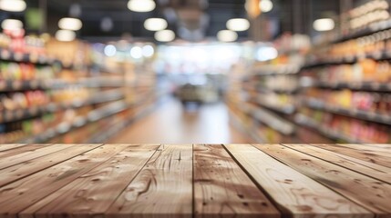 Obraz premium Wooden Tabletop with Blurred Supermarket Background
