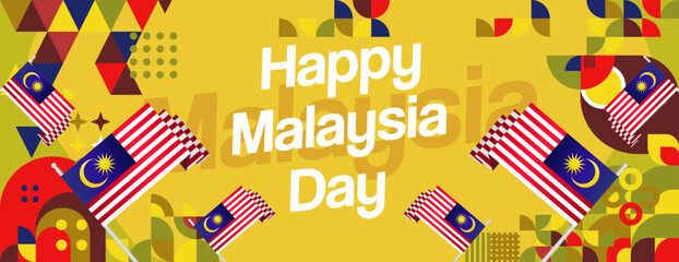 Malaysia Day Banner with modern geometric ornaments. Wide background design suitable for greetings celebrating Malaysia National Day and Independence Day.