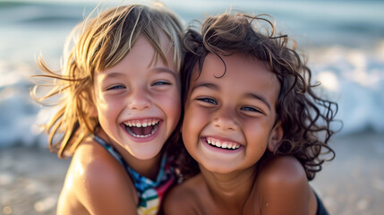 Fototapeta premium Joyful children laughing on a summer beach vacation. Generative AI image