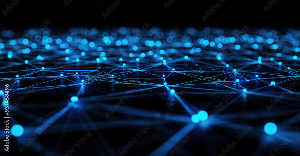 Aufkleber Complex network visualizing big data with data points connecting through lines over black background. High quality photo