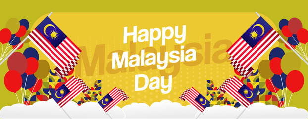 Malaysia Day Banner with modern geometric ornaments. Wide background design suitable for greetings celebrating Malaysia National Day and Independence Day.