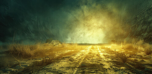 desert road dreamscape photography 3d concept art/photography, in the style of dark white and light gold, 8k resolution, vienna secession, energy-filled illustrations, subtle lighting