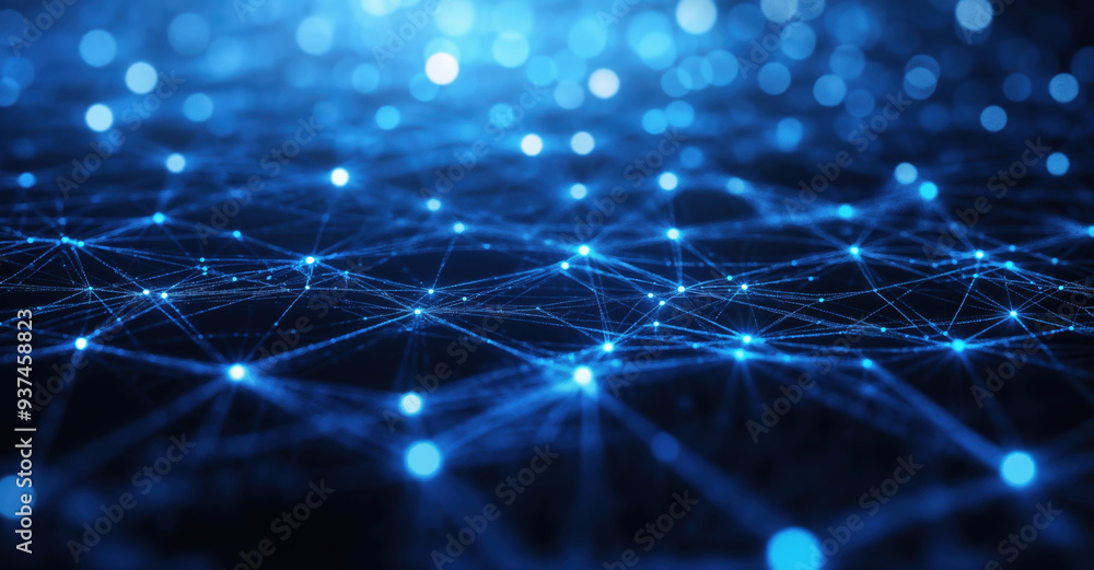 Poster Abstract network with glowing dots and lines connecting, forming a futuristic background concept for technology, science, and data. High quality photo