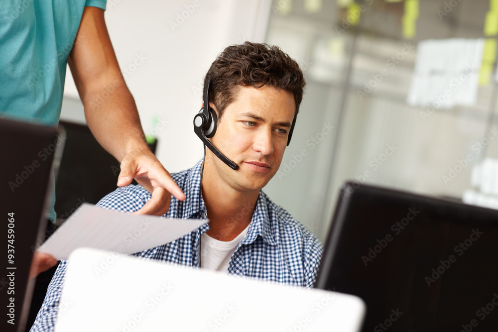 Poster Call center, manager and man in office with headset for online consultation with omnichannel crm. Advisor, document and customer service consultant with inbound communication, network or contact.