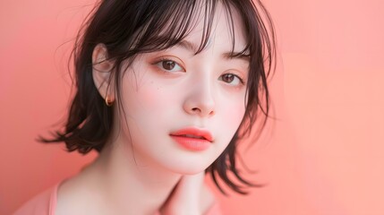 Portrait of a Young Woman with Short Hair and Pink Background