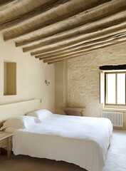 Rustic Bedroom With White Bed And Wooden Beams