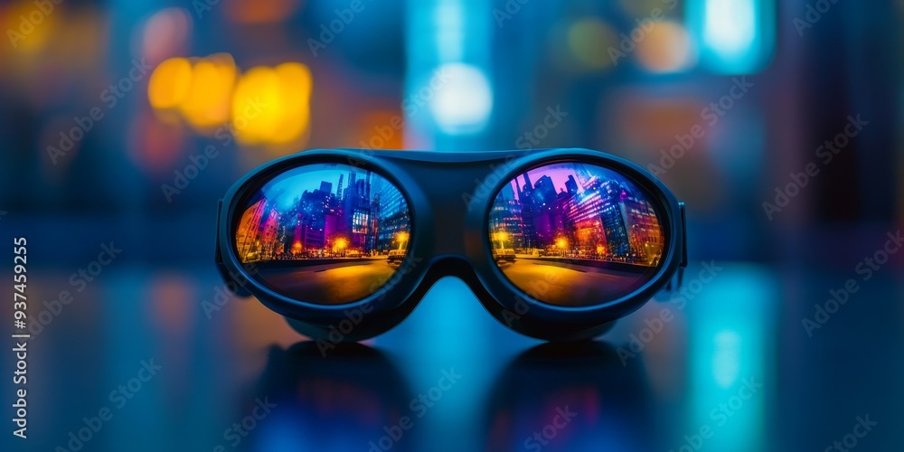 Poster focused image of a vr headset resting on a table, reflecting a vibrant virtual world within its lens