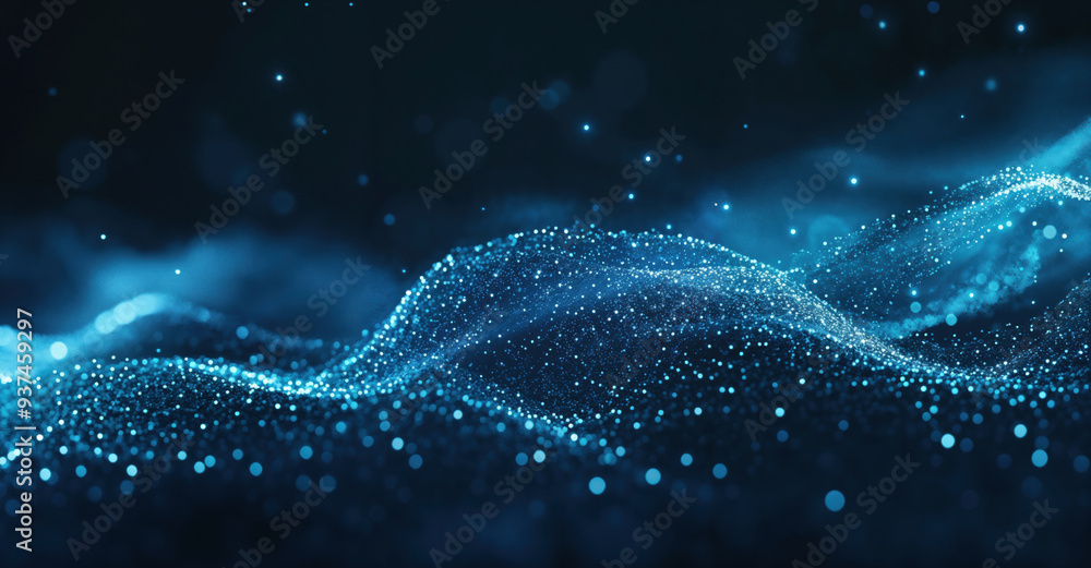 Poster wave abstract blue particles shapes a futuristic cyber tech background, blending data, connectivity,