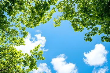 Fototapeta premium Green Leaves Against a Blue Sky with White Clouds