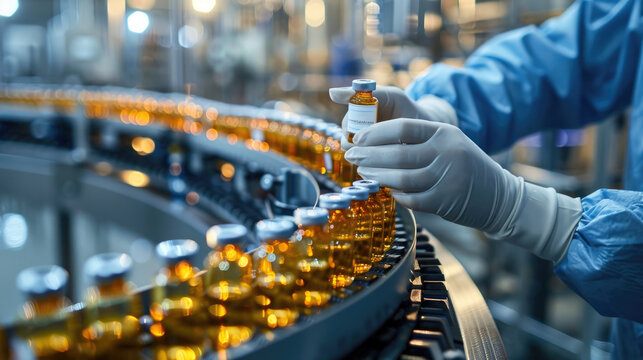 Gloved technician inspects medication in a pharma factory. Generative AI image