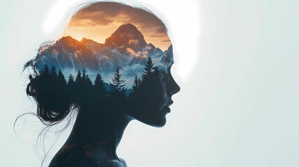 A serene woman silhouette with a nature landscape reflected in her mind, symbolizing creativity and connection to the earth.
