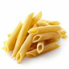 Close-up of uncooked penne pasta on a white background.