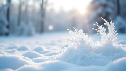 A frosted plant bathed in soft sunrise light against a snowy, serene winter landscape