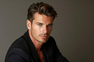 Fototapeta premium Handsome man with striking features in a black jacket. Generative AI image