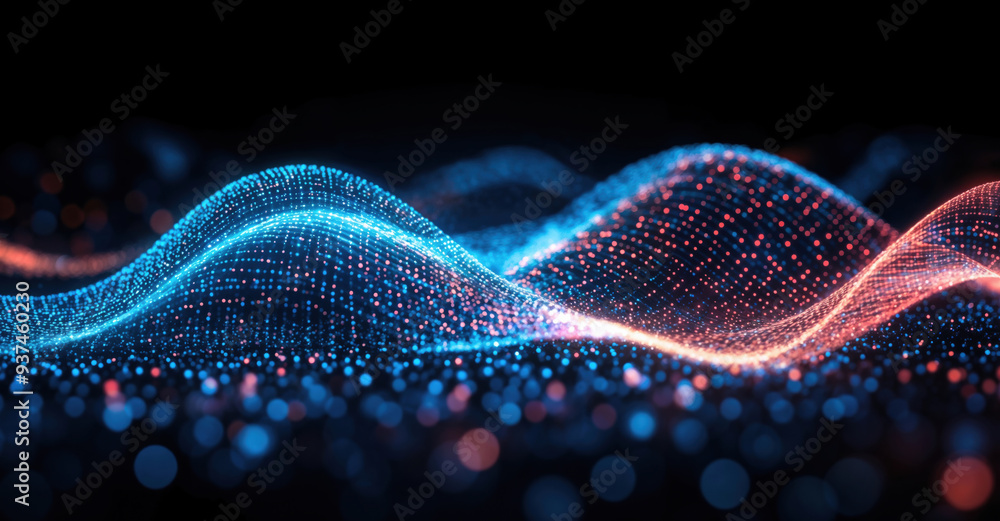Poster blue and orange abstract digital wave flowing through particles in cyberspace with a dark backdrop. 