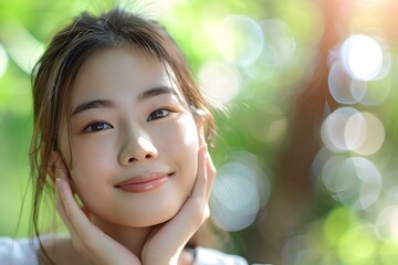 Fototapeta premium Portrait of Young Asian Woman Smiling in Nature