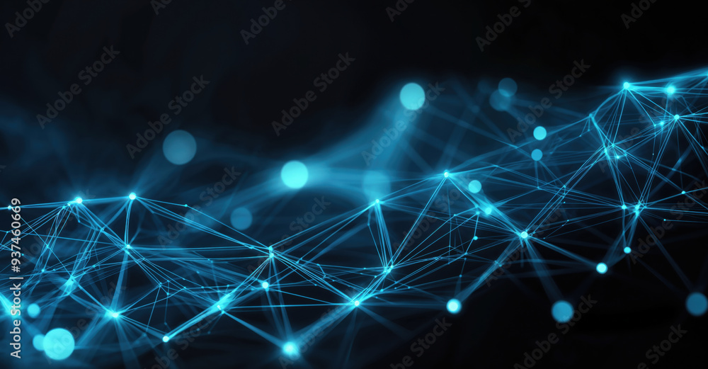 Poster Abstract network background showing interconnected lines and dots forming a mesh on black background. High quality photo