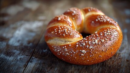 A freshly baked, golden brown pretzel with a sprinkle of salt on top, resting on a rustic wooden table.