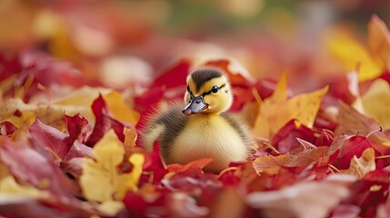Frisky duckling waddling out of a pile of red and yellow autumn leaves in park