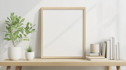 Mockup frame on a light wood table, white wall, and minimalist decor with a small plant and books