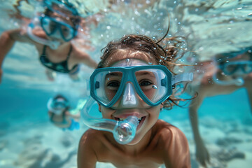 Fototapeta premium Underwater fun with friends in swimming masks Generative AI image