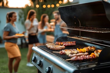 Grilling food on a gas grill in the backyard