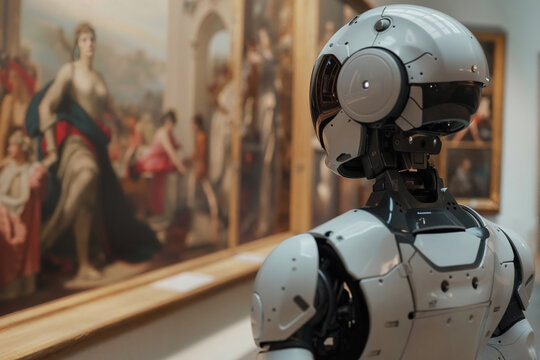 Naklejki Futuristic robot admiring classic art in a museum. Generative AI image
