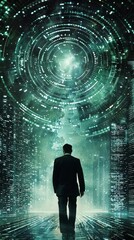 Digital Ascension A lone figure in a suit embarks on a journey through a futuristic cityscape, drawn towards a radiant vortex of data and possibility.
