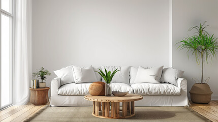 Minimalist living room design with modern white sofa and plants. Generative AI image