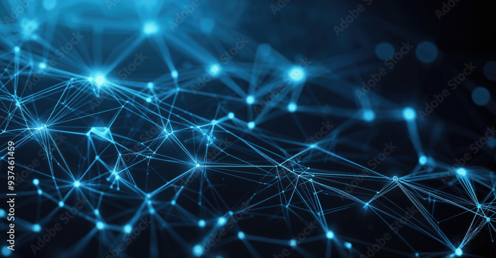 Poster abstract network of blue connected nodes glowing on a dark background, concept of global communicati
