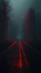 a foglined road, in the style of blurry details, wimmelbilder, in the style of creepypasta