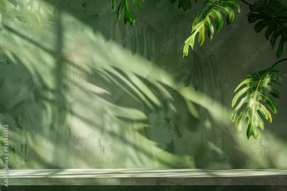 Poster empty table with monstera leaf shadow for product presentation.