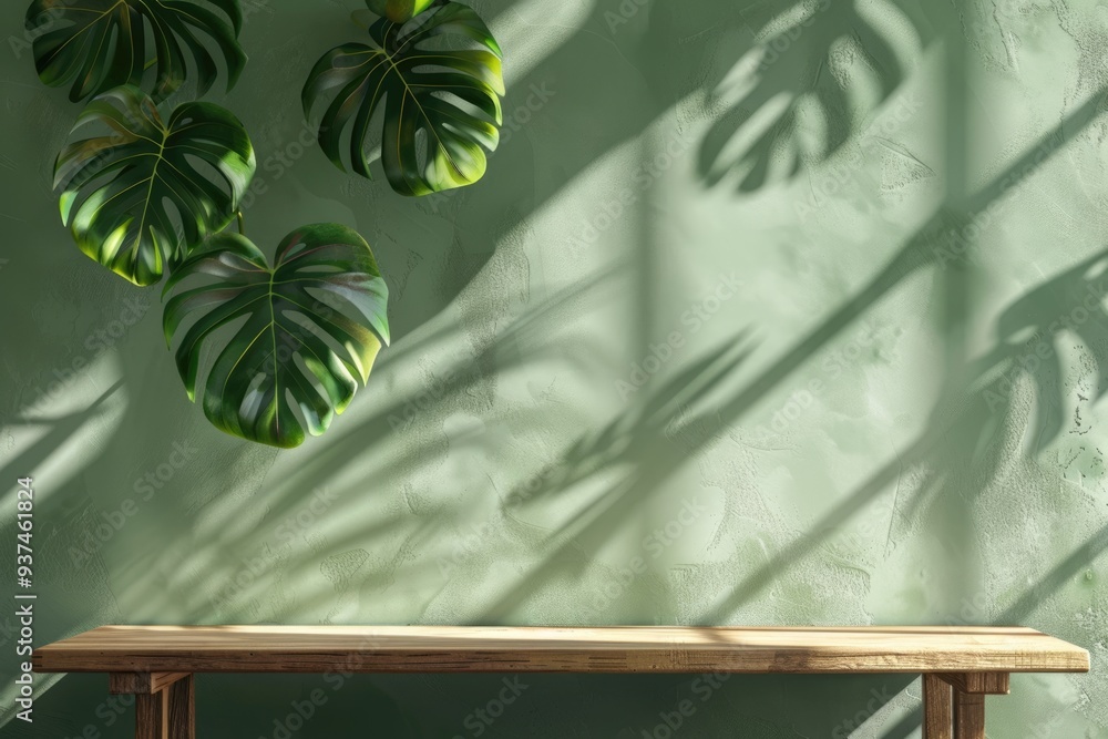 Poster empty table with monstera leaf shadow for product presentation.