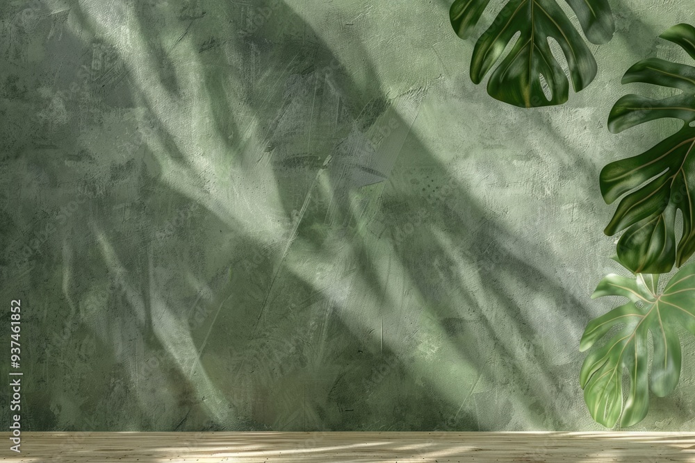 Poster empty table with monstera leaf shadow for product presentation.