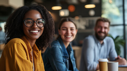 Fototapeta premium copy space, stockphoto, multiracial casual coworkers taking a coffee break, informal office setting. People with different origin, ethnic background taking a coffee pause. Difference, inclusive theme.