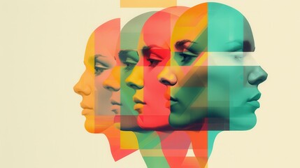 Vibrant Women in Geometric Harmony, a striking digital creation showcasing diverse female portraits adorned with layered geometric patterns and vintage poster influences.