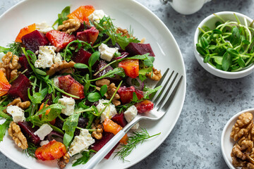 Blood orange, beetroot, feta and walnut salad