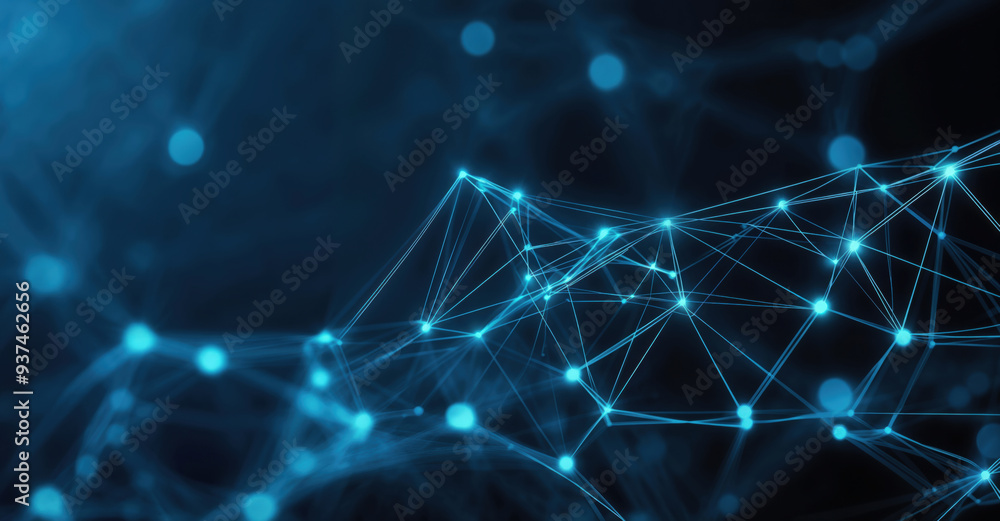 Poster abstract network forming complex connections with glowing dots on a blue background. high quality ph