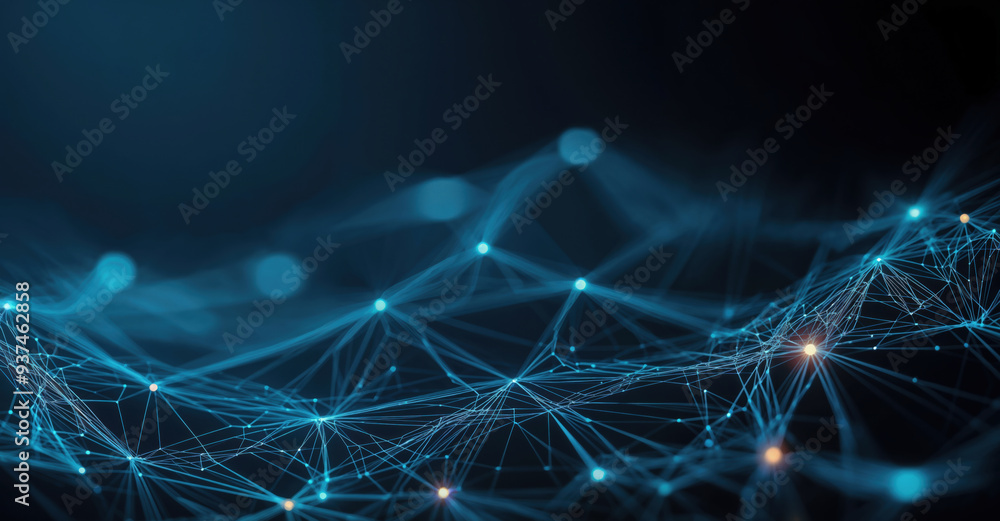 Poster Complex network is forming connections and exchanging data with glowing nodes and lines. High quality photo
