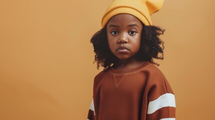 A child stands with a serious expression, donning a soft brown and rust sweatshirt. The bright yellow beanie adds a playful touch, contrasting with the warm orange background