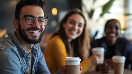 copy space, stockphoto, multiracial casual coworkers taking a coffee break, informal office setting. People with different origin, ethnic background taking a coffee pause. Difference, inclusive theme.