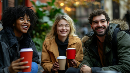 Obraz premium copy space, stockphoto, multiracial casual coworkers taking a coffee break, informal office setting. People with different origin, ethnic background taking a coffee pause. Difference, inclusive theme.