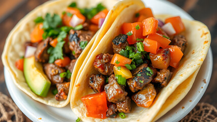Juicy steak tacos with fresh salsa and avocado, soft tortillas, vibrant and colorful presentation.