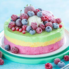 rainbow ice cream cake, refreshing  summer dessert, selective focus